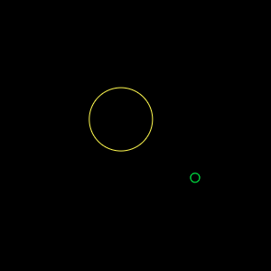 a large yellow circle outline with a tiny green circle outline orbiting it