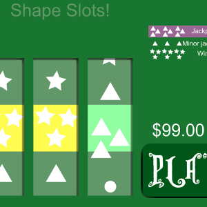 a green three-wheel slot machine with various shape patterns on each wheel